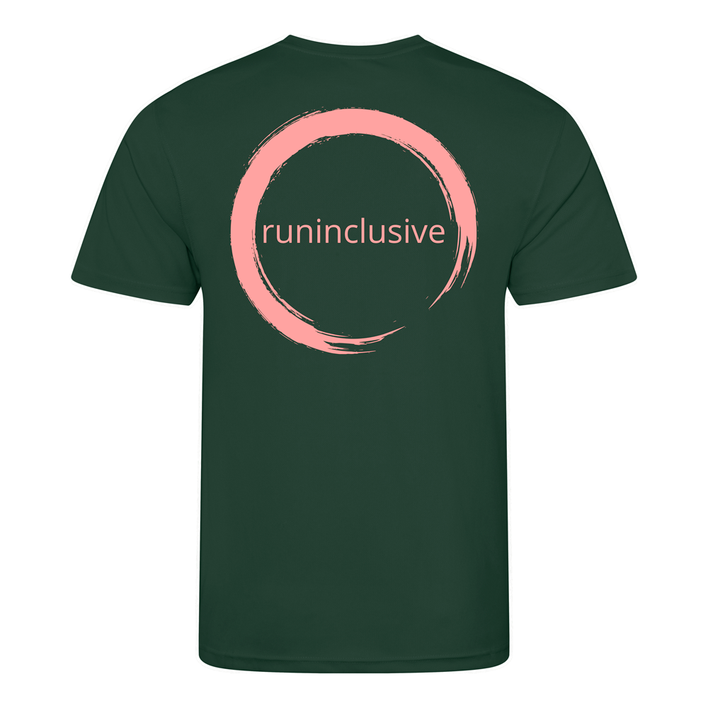 Bottle Green Tech T-shirt back with pink runinclusive logo