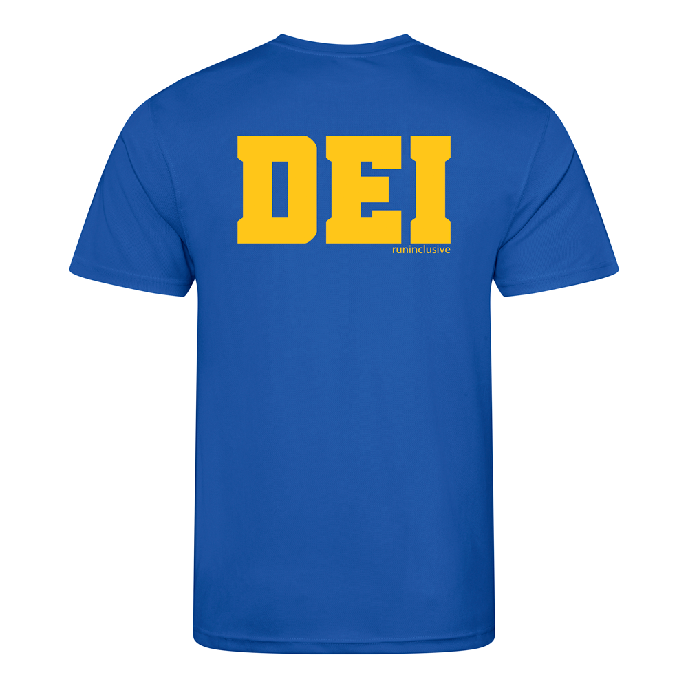 Royal Blue Tech T-shirt back with yellow DEI design without cut out diversity, equity, inclusion wording
