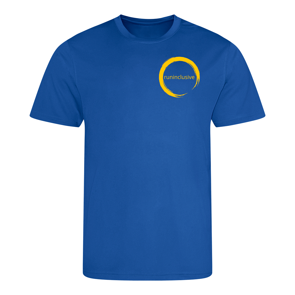Royal Blue Tech T-shirt front with yellow runinclusive logo on the left side of chest