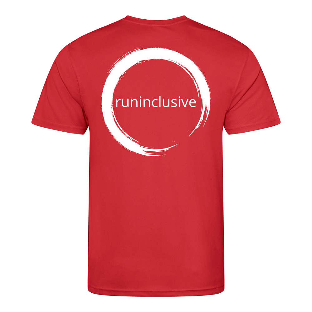 Fire Red Tech T-shirt back with write runinclusive logo