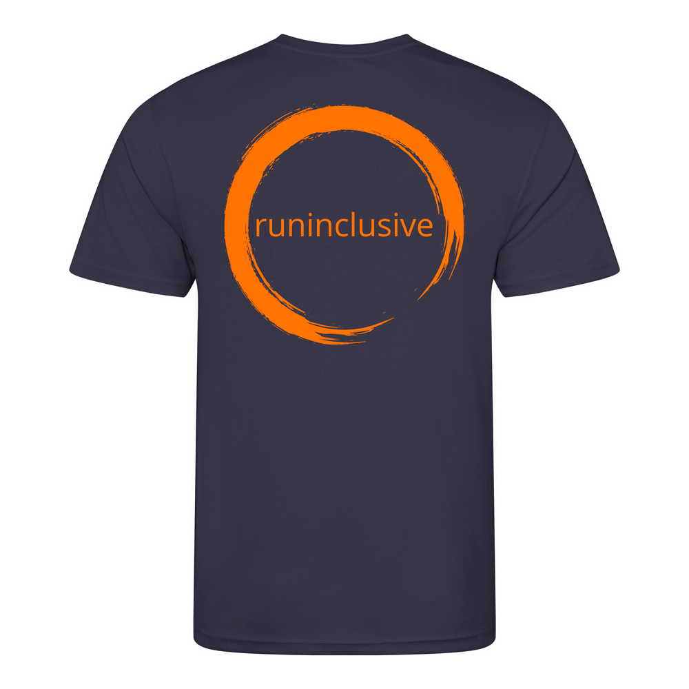 Oxford Navy Tech T-shirt back with orange runinclusive logo