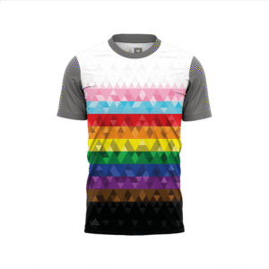 Pride Geometric patterned Tech T-shirt front with grey sleeves and collar detail