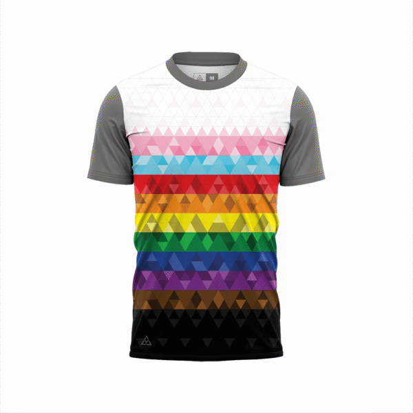 Pride Geometric patterned Tech T-shirt front with grey sleeves and collar detail